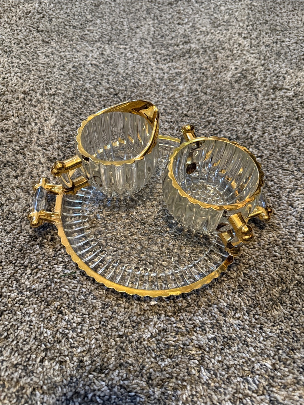 Vintage Jeannette Glass National Creamer, Sugar, and Tray – Gold Trim.